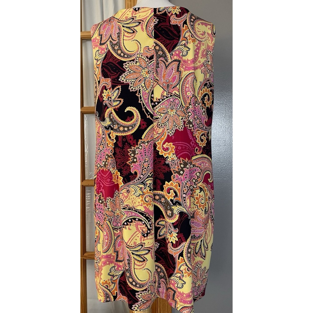 90s R&K Paisley Shift Mini Dress Sz 16P Fuchsia Yellow Crisscross Strap Colorful - Picture 3 of 13